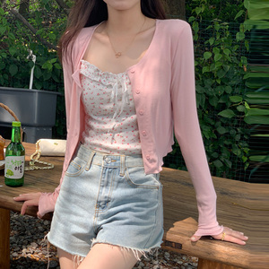 蜜桃粉针织开衫日系甜美显瘦空调衫单排扣短款小外套淡粉色防晒衫