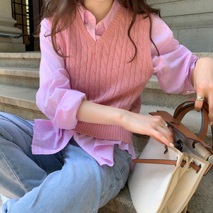 粉色毛衣背心叠穿日系学生小个子短款v领淡粉色针织马甲坎肩外穿