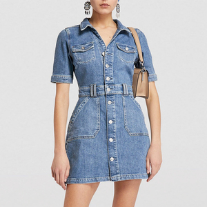 2022夏季新款牛仔宽松连体女裙翻领口袋蓝色a字连衣裙包臀显瘦潮