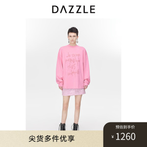 DAZZLE地素粉红色长袖T恤春秋装新款多巴胺字母肌理烫钻上衣女