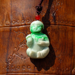 亦一佳4676库存天然缅甸a货老坑正阳绿翡翠招财童子吊坠挂件复检