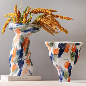 创意个性小众艺术手工彩绘涂鸦抽象布袋陶瓷花器花瓶大号装饰摆件