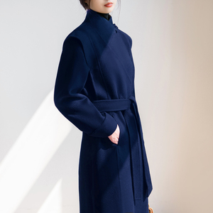 藏蓝色立领新中式盘扣双面羊绒大衣女设计感小众气质显瘦毛呢外套