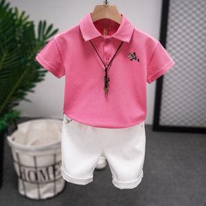 男童夏装套装2024夏季新款中童男宝宝时尚短袖粉色polo衫两件套潮