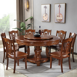 实木新中式餐桌椅组合大圆桌家用圆餐桌酒店饭店带转盘10人吃饭桌