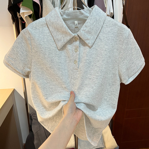 法式polo领短袖t恤女夏秋季新款设计感小众灰色学生休闲体恤上衣