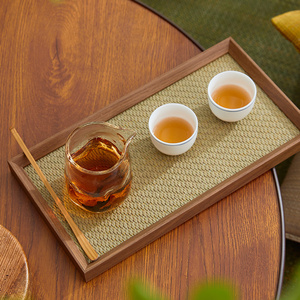 日式茶盘子家用实木放茶具喝茶吸水果盘简约天然精致草编小型托盘
