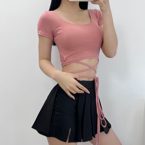 辣妹性感腰部绑带爵士舞蹈短袖t恤女显瘦百搭短款系带露腰上衣夏