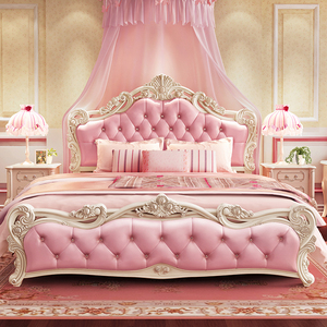 欧式卧室女孩双人床 现代简约儿童粉色公主床一米八婚床套餐家具a