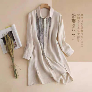 外贸日本系原单出口尾货孤品女剪标中长款上衣刺绣棉麻亚麻衬衫裙