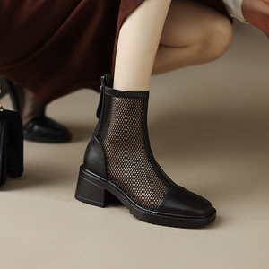 新款低跟平底凉鞋网格女靴子镂空春夏网靴2022马丁短靴网纱女鞋子