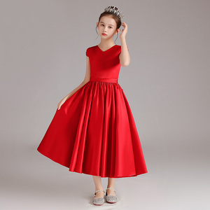 女童红色小短袖钢琴晚礼服演出服公主裙儿童小v领中长款表演服装