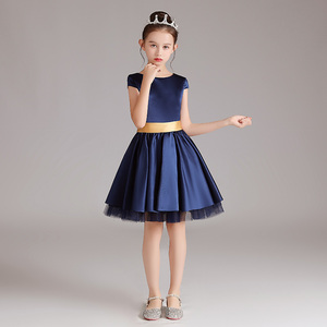 女童深蓝色钢琴礼服演出服公主裙短款儿童金色腰带合唱团表演服春