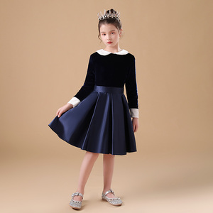 女童藏青色白领钢琴晚礼服演奏服公主裙小学生丝绒团体合唱演出服