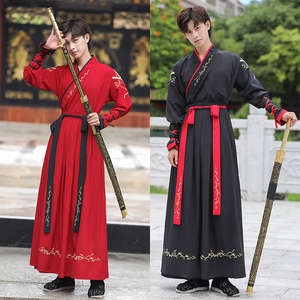 原创红色汉服男款黑色中国风武侠客大码古装情侣款学生班服表演服