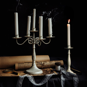 ins北欧式家居客厅装饰品复古做旧白色铁艺烛台简约创意桌面摆件