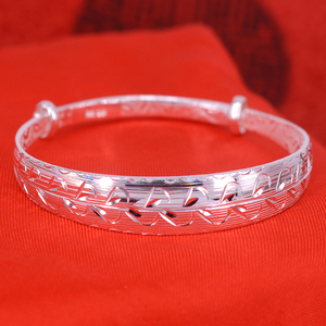 闽纯银饰 999足银手镯 幸运草 拉丝 七彩 彩虹 推拉 女士银手镯