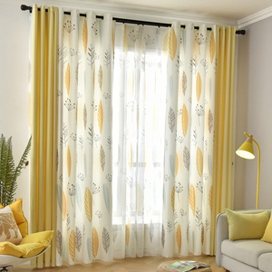 新款美式北欧植物树叶窗帘成品简约现代遮光客厅卧室落地棉麻拼接