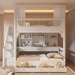 儿童上床下桌组合书桌书柜加高护栏双层床高低床滑梯床同宽子母床