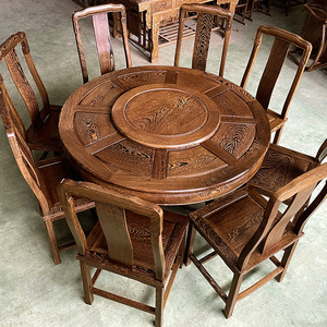 鸡翅木红木圆餐桌椅组合 中式全实木吃饭圆形餐桌 带转盘餐台饭桌
