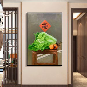 餐厅纯手绘油画写实大白菜百财图写实玄关客厅装饰画招财进宝挂画