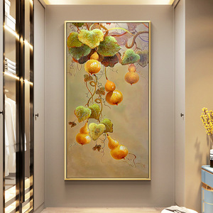 新中式纯手绘油画入户玄关客厅葫芦五福临门中国风竖版挂画装饰画