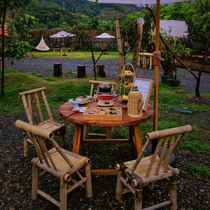 老榆木冬日围炉煮茶桌户外庭院复古竹椅炭烤炉火盆圆形实木烧烤桌