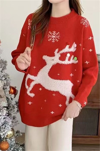 红色圣诞毛衣女新款小鹿秋冬宽松外穿慵懒风加厚中长针款织打底衫