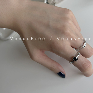 VenusFree韩国进口925纯银异形设计黑色宝石微镶方钻戒指开口叠戴