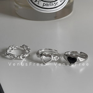 韩国进口3款925纯银叠戴超嗲爱心设计镂空线条黑色戒指环开口甜酷
