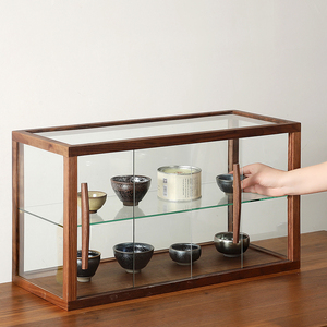黑胡桃木防尘透明五面玻璃柜茶具收纳盒盲盒展示盒首饰茶几收纳盒