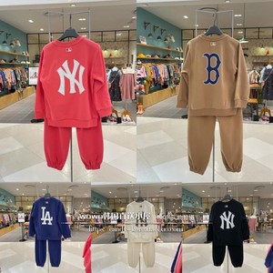 直邮mlb韩国代购2021冬季男女童圆领加绒卫衣裤子运动休闲套装