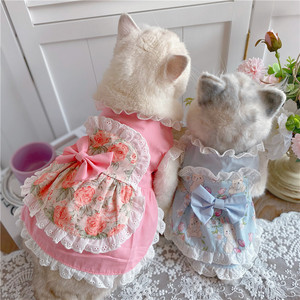 宠物碎花女仆装蕾丝花边粉色猫咪衣服玫瑰小兔小兔狗狗衣服连衣裙
