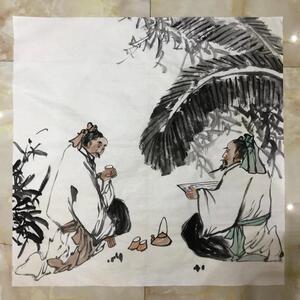 喝茶四尺斗方纯手绘写意人物画国画茶楼玄关字画客厅办公室装饰画