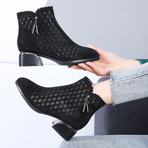 春秋女士网靴单靴马丁靴女中跟短靴镂空网纱水钻靴子透气凉靴女夏