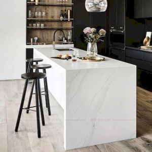 爵士白大理石厨房中岛台 西厨料理台带水池 开放式全石材中岛桌