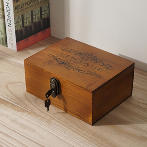 木箱子复古带锁收纳盒长方形实木收藏盒桌面整理小木盒密码储物箱