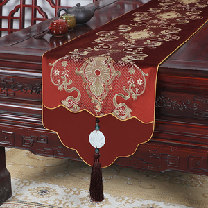 艺必旭古典美式新中式刺绣餐桌电视柜盖布客厅茶几长条布床尾旗