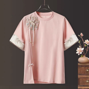 一线品牌剪标女装外贸新中式绣花粉色吊坠T恤上衣2024夏季女短袖