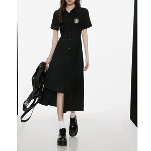 2024夏季韩版校园风POLO短袖连衣裙女小个子设计感不规则下摆长裙