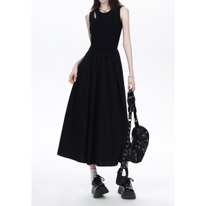 黑色无袖连衣裙设计感小个子A字大裙摆收腰赫本风中长款裙子夏季