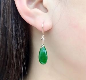 母亲节礼物 天然翡翠色玉石水滴耳坠 新疆和田玉碧玉镶18k金耳环