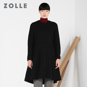 ZOLLE因为毛呢外套女中长款圆领不规则长袖呢子大衣2017冬季新款