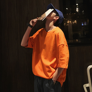 橙色短袖t恤宽松休闲tee男生嘻哈半截袖体裇潮流纯色百搭夏天衣服