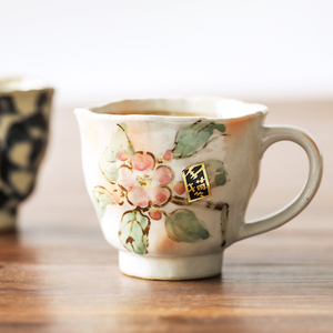 日本制美浓烧手绘复古唐草茶杯樱花马克杯釉下彩陶瓷咖啡杯水杯子