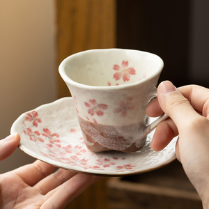 日本进口美浓烧浪漫樱花咖啡杯碟套装复古红茶杯带托盘日式水杯
