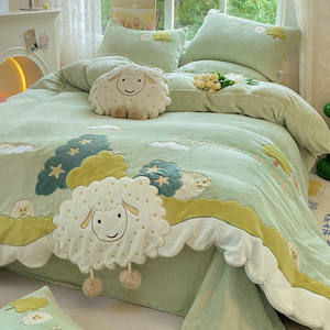 绵羊冬季牛奶绒四件套加厚双面珊瑚绒被套卡通公主风儿童床上用品
