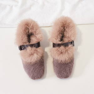 韩版秋冬兔毛单鞋加绒毛毛鞋女网红粗跟一字带棉瓢鞋玛丽珍豆豆鞋