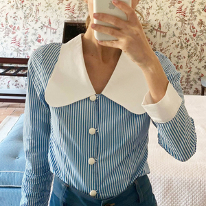 2022春装女蓝色粉色竖条纹纯棉修身大领子法式复古衬衫衬衣