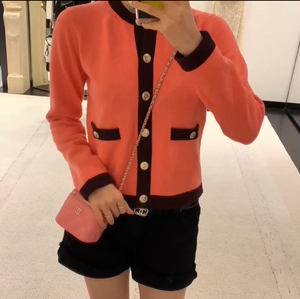 代购直邮chanel香奈儿20秋季长袖针织开衫红色修身单排扣羊绒外套